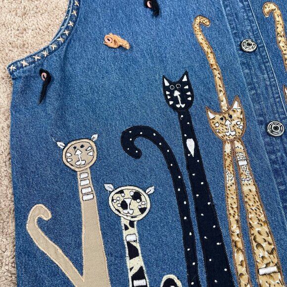 Life Style Vest Woman XL Denim Cat Lady Embroidered Appliqué Wacky Fun Funky Art - Picture 5 of 10